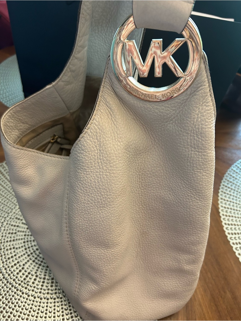 Michael Kors Beige Leather Shoulder Hobo Bag with Gold MK Logo